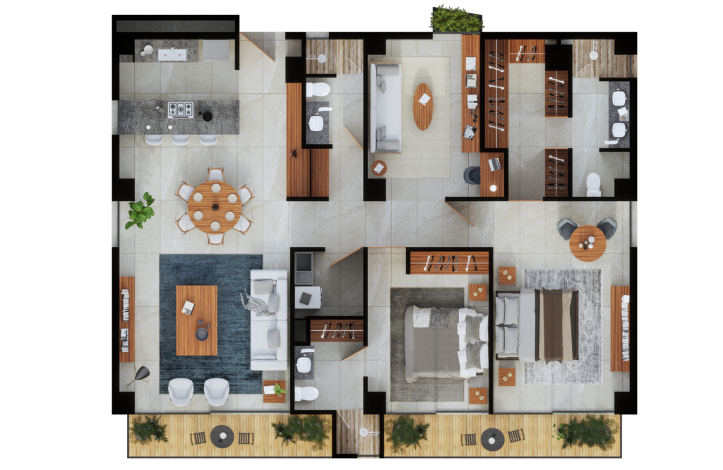Ilustración con vista superior de un departamento tipo uno donde se aprecia tres recámaras, tres baños, sala comedor cocina, y lavandería