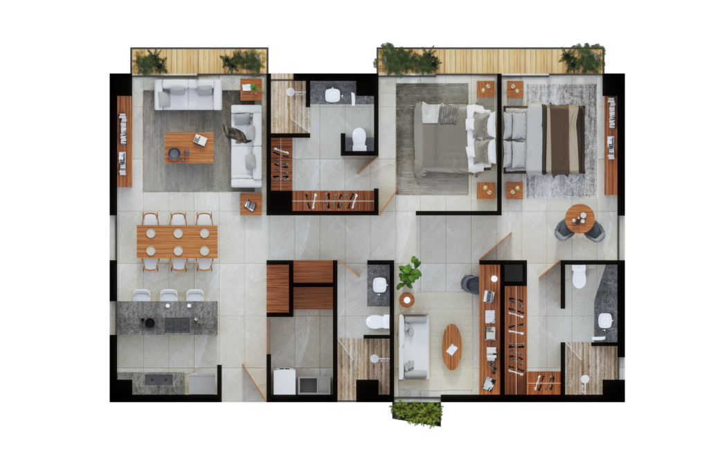 Ilustración con vista superior de un departamento tipo dos donde se aprecia dos recámaras, dos baños, estudio, sala comedor, cocina, y lavandería