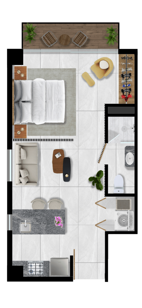 Ilustración con vista superior de un departamento tipo tres donde se aprecia un solo ambiente, cocina comedor sala recámara, un baño, lavandería y balcón