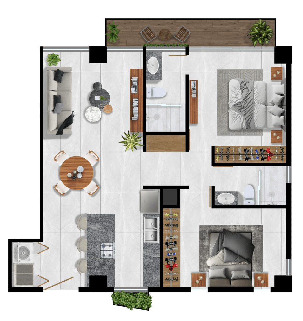 Ilustración con vista superior de un departamento tipo cuatro donde se aprecia dos recámaras, dos baños, sala comedor cocina, lavandería, balcón