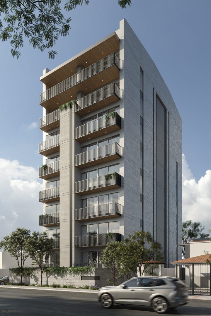 Edificio departamental de nueve pisos de altura en avenida principal